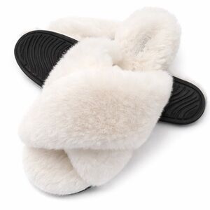 White Plush Cross Strap Slippers | Soft Faux Fur Cozy Memory Foam Slip On Slides